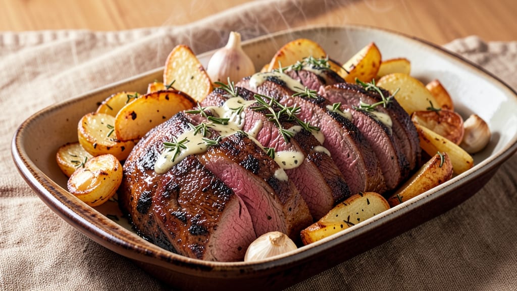 America's Test Kitchen Beef Top Loin Roast with Potatoes Recipe: Herb-Crusted Roast Meets Crispy Garlic Potatoes