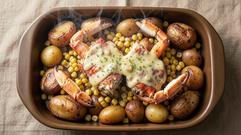 Baked Crab Legs, Corn, and Potatoes Recipe: One-Pan Coastal Feast with Sweet Butter Glaze
