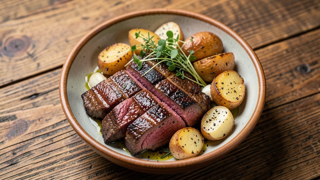 New York Strip Steak And Potatoes Recipe: Herb-Crusted Steak With Garlic-Roasted Spuds