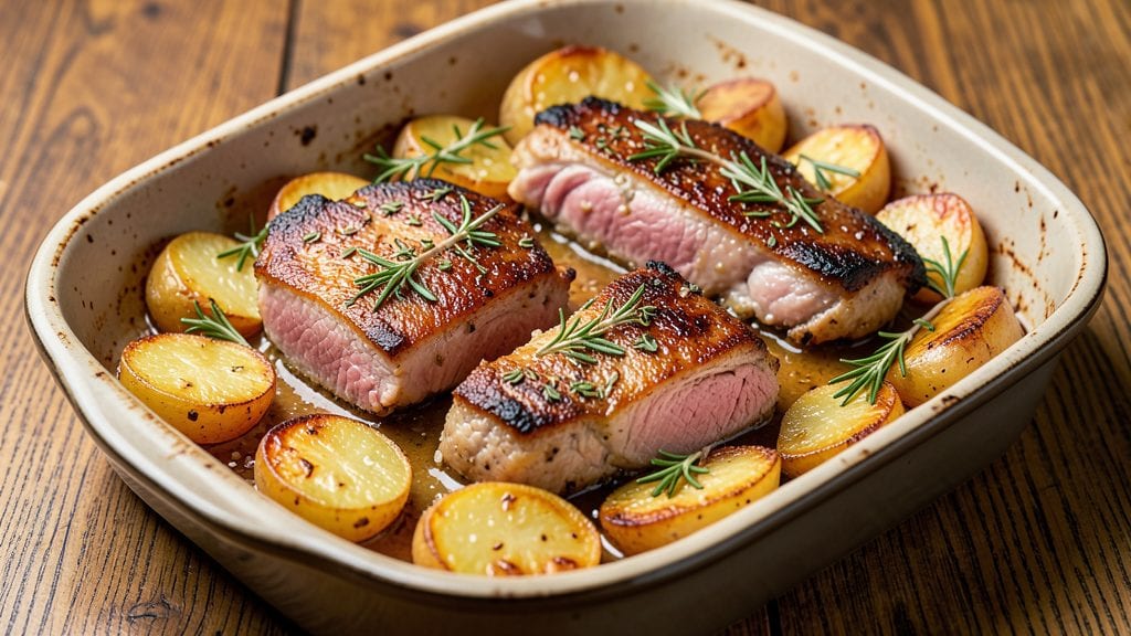 Pork Chops and Potatoes Bake Recipe: One-Pan Crispy Crowns With Herby Gravy
